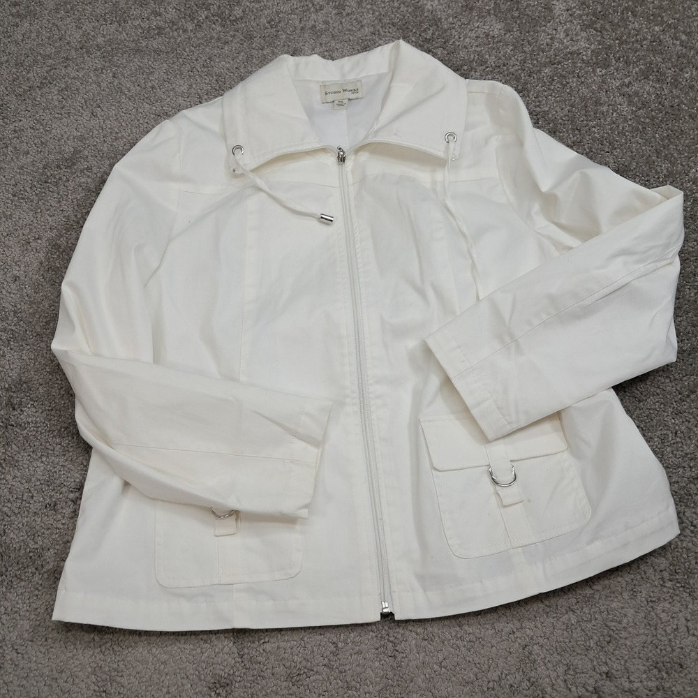 Studio Works Petite White Full Zip Drawstring Collar Utility Jacket PXL 7980